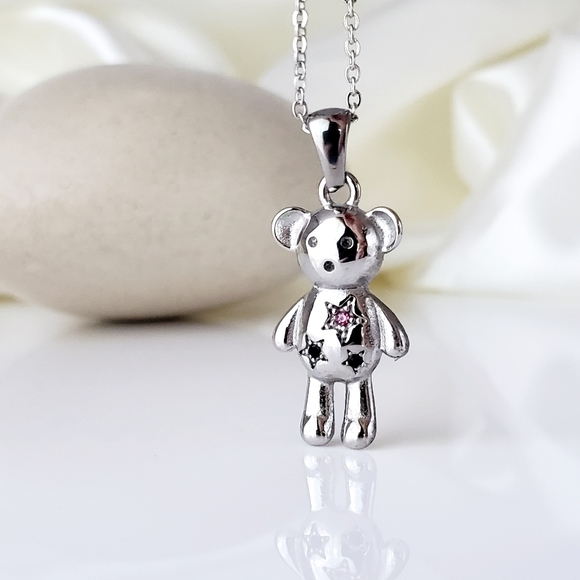 NEW 18K White Gold Silver Tone Teddy Bear Necklace with Pink CZ Diamonds - Picture 2 of 8